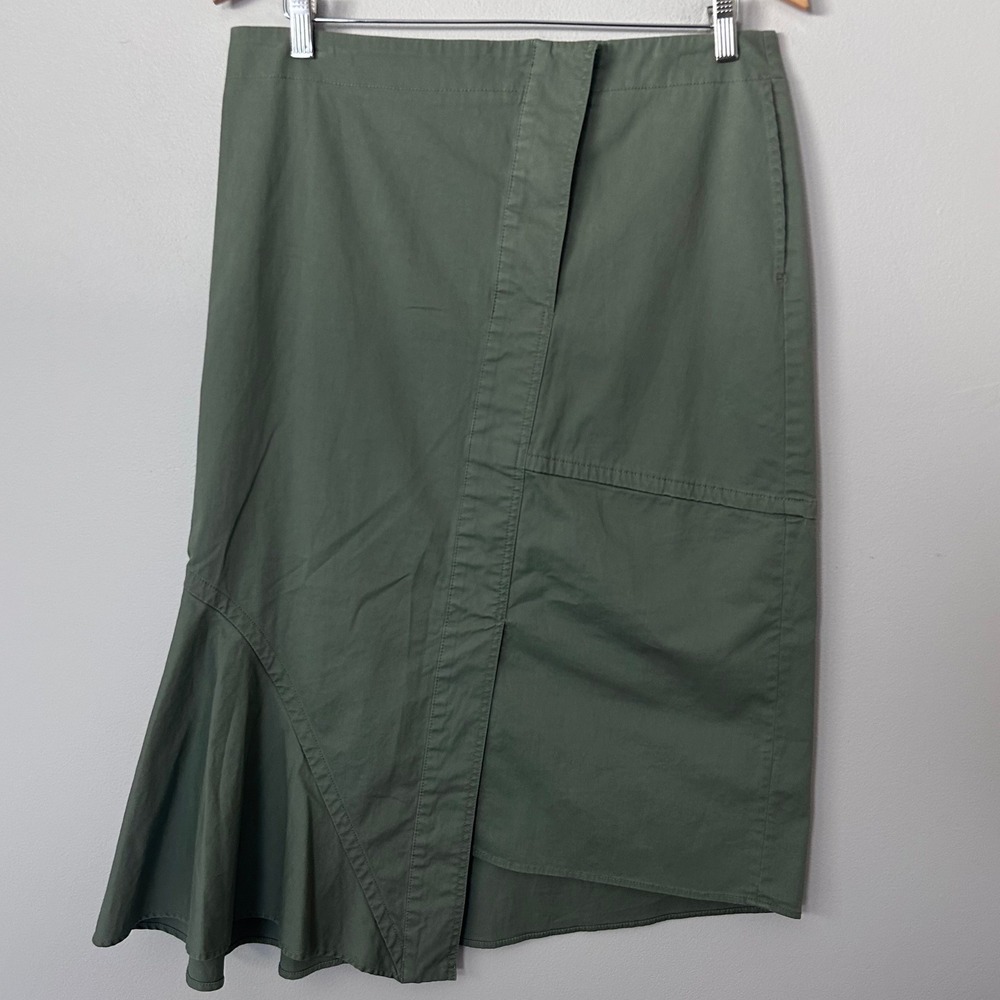 Theory Reconstructed Midi Skirt Womens 12 Green Asymmetrical Twill Flare Hem
